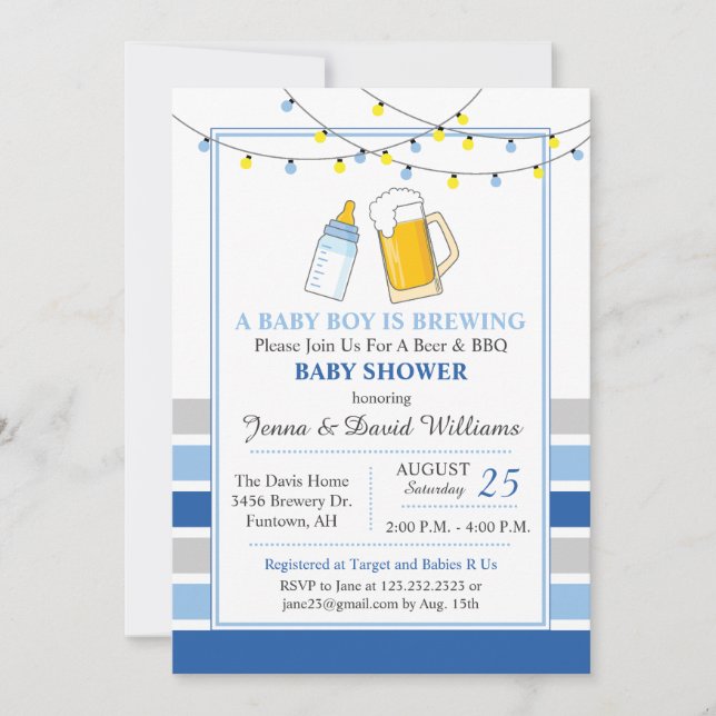 Invitation de bière et Baby shower bleu (Devant)