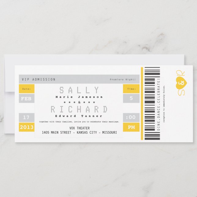 Invitation de billet de concert en jaune de soleil (Devant)