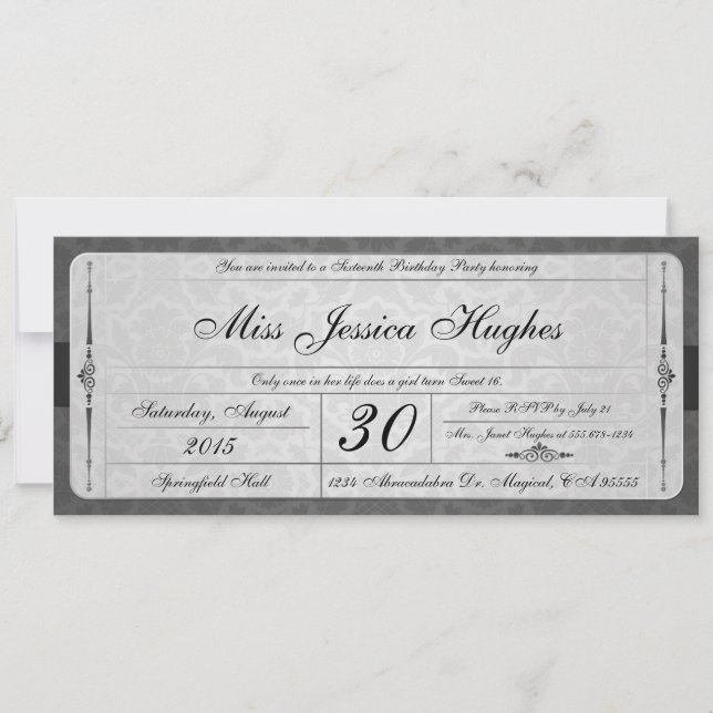 Invitation de billet de damassé de sweet sixteen (Devant)