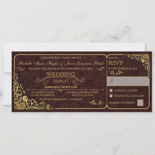 Invitation de billet de mariage victorien avec RSV (Devant)