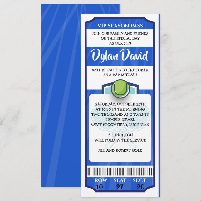 Invitation de billet de TENNIS Bar Mitzvah (Devant / Derrière)