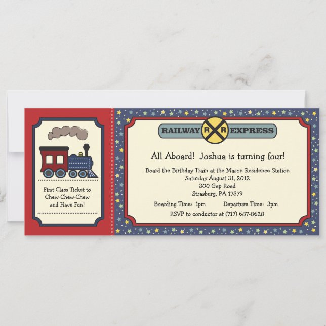 Invitation de billet de train - Rustic Red & Blue  (Devant)