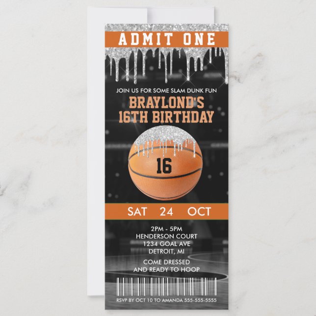 Invitation de billet pour l'anniversaire du basket (Devant)