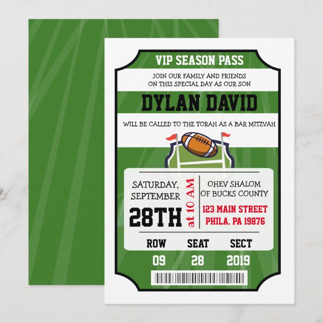 Invitation de billet VIP FOOTBALL Bar Mitzvah (Devant / Derrière)