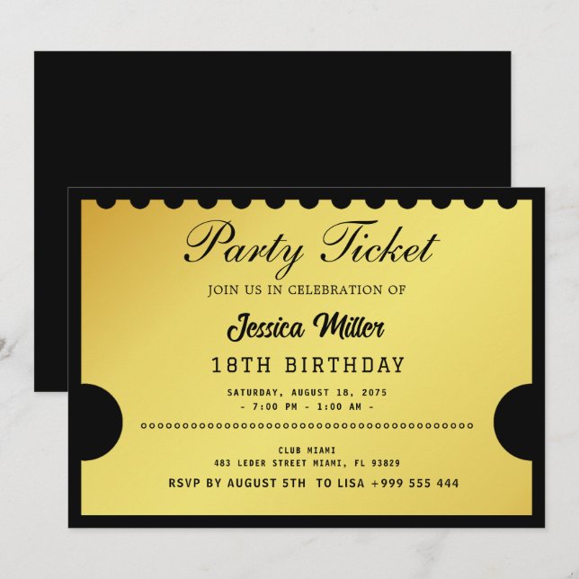 Invitation de billets Golden Party (Devant / Derrière)