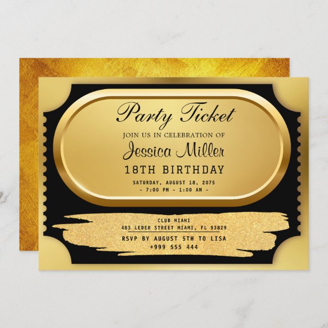 Invitation de billets Golden Party (Devant / Derrière)