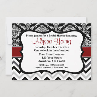 Invitation de Black Burgundy Red Damask Chevron