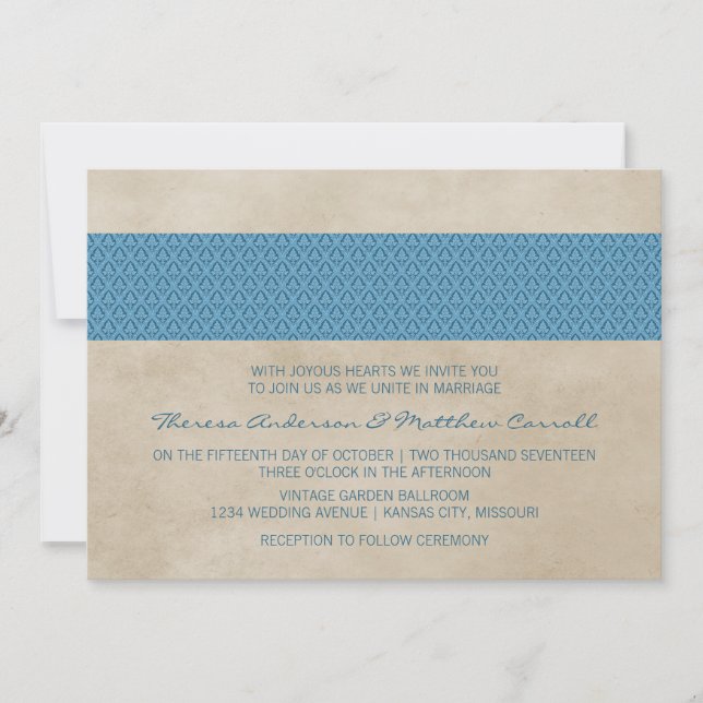 Invitation de Blue Rustic Mariage damassé (Devant)