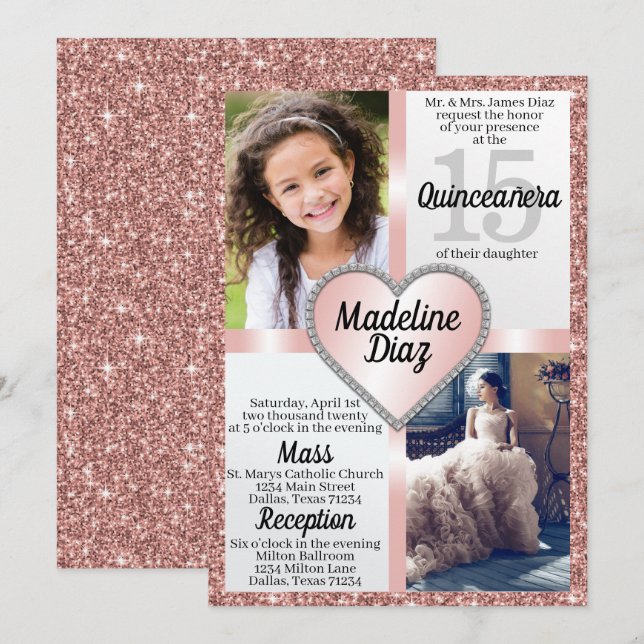 Invitation de Blush Rose Gold Quinceañera Cumpleañ (Devant / Derrière)
