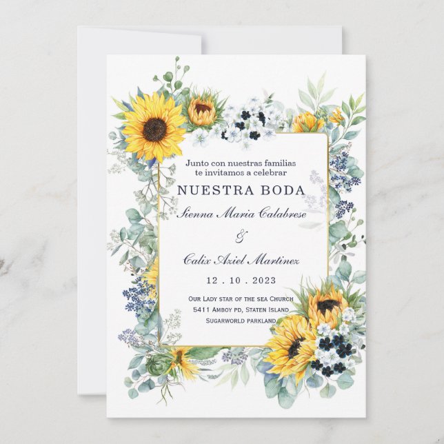 Invitation De Boda Azul Marino y Girasol (Devant)