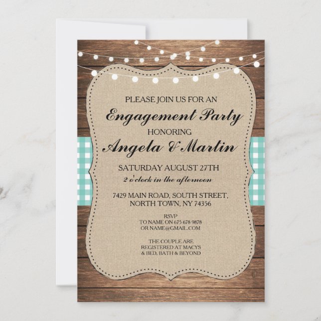 Invitation de bois Turquoise Check Party (Devant)