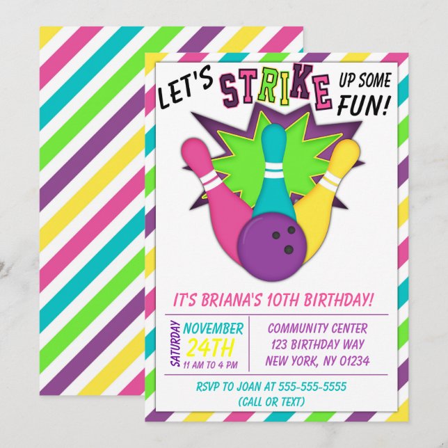 Invitation de Bowling pour une fête d'anniversaire (Devant / Derrière)