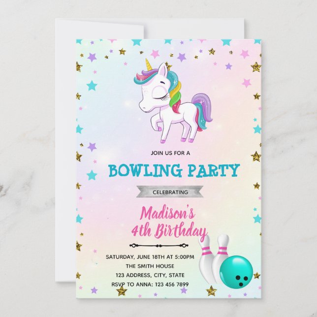 Invitation de bowling Unicorne (Devant)
