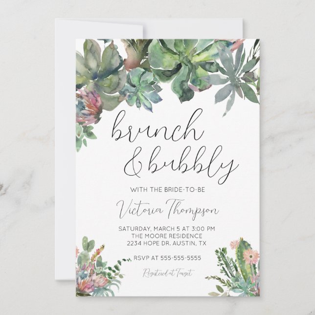 Invitation de Brunch & Bubbly Succulente douche nu (Devant)