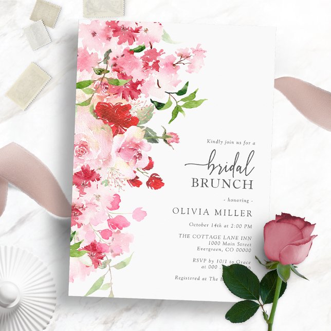 Invitation de brunch de mariage rose (Red Pink Bridal Brunch Invitation - Watercolor Floral)