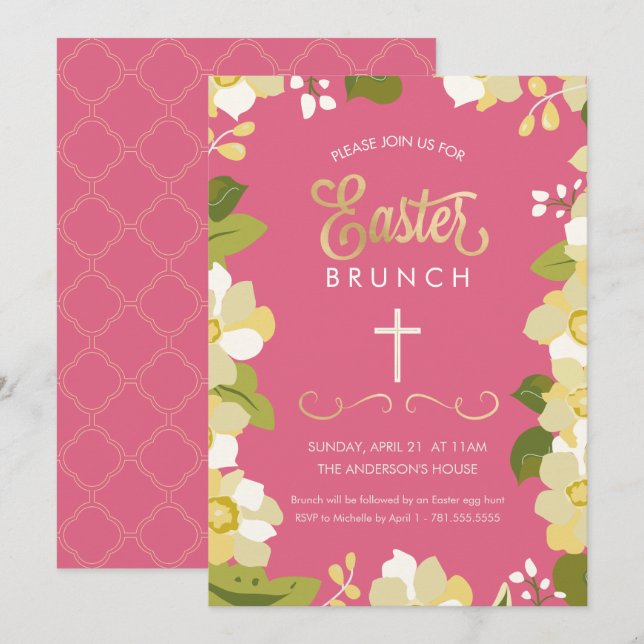 Invitation de Brunch de Pâques avec Fleurs et Acce (Devant / Derrière)