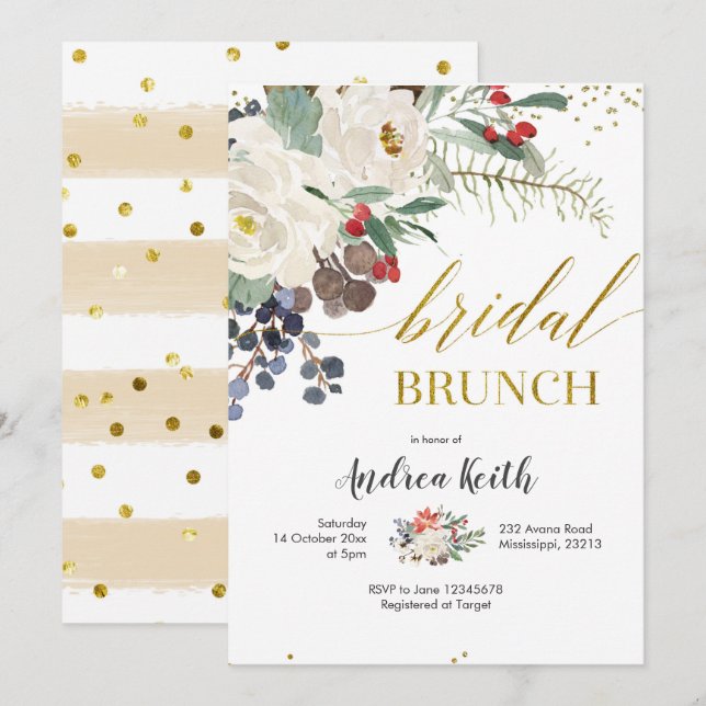Invitation de Brunch Floral pour Noël d'hiver (Devant / Derrière)
