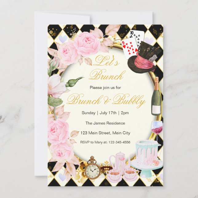 Invitation de brunch floral rose Alice aux pays de (Devant)