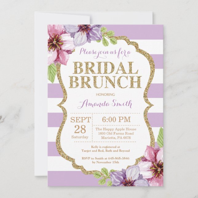 Invitation de Brunch nuptial violet or Floral (Devant)