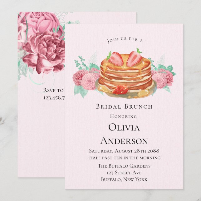 Invitation de brunch nuptiale Pancake Pink et Mint (Devant / Derrière)