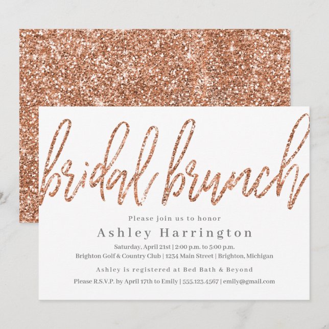 Invitation de Brunch rose Gold Bridal avec Parties (Devant / Derrière)