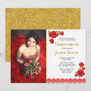 Invitation de Charro Quinceañera  Roses et dentell