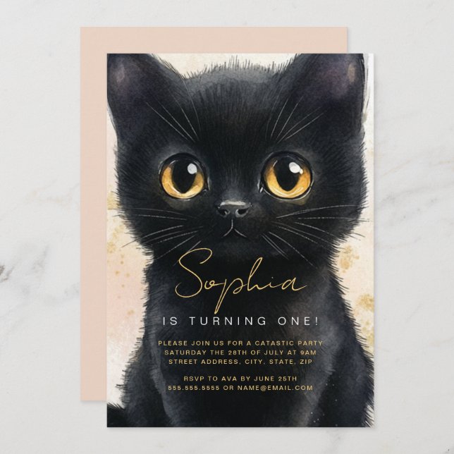 Invitation de Chat Noir Premier Anniversaire (Devant / Derrière)
