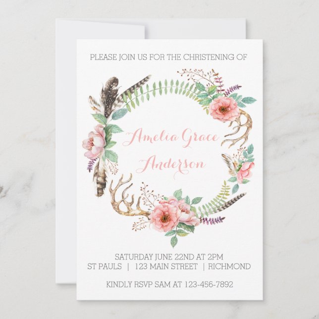 Invitation de Christening Girls - Rose Floral (Devant)