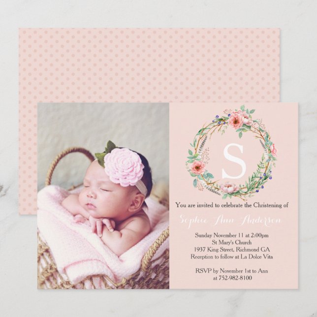 Invitation de Christening Girls - Wreath rose (Devant / Derrière)