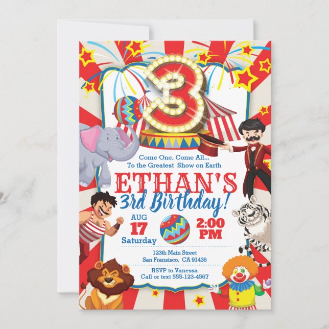Invitation de Circus Party pour le 3e anniversaire (Devant)
