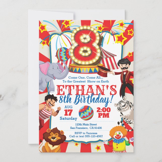 Invitation de Circus Party pour le 8e anniversaire (Devant)