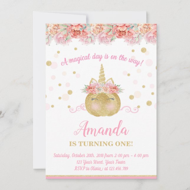 Invitation de citrouille de licorne, invitation (Devant)