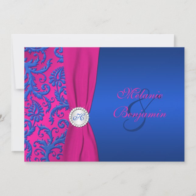 Invitation de Cobalt et Fuchsia Mariage damassé (Devant)