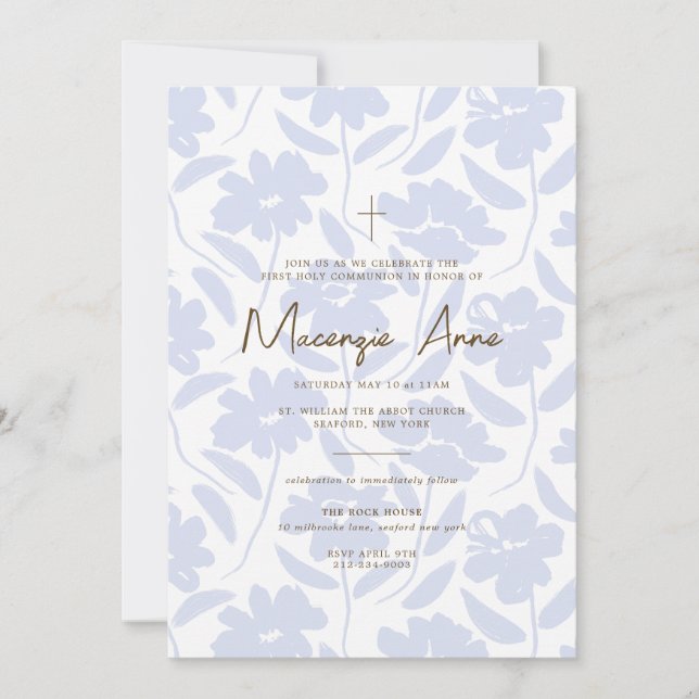 Invitation de Communion Florale Bleue (Devant)
