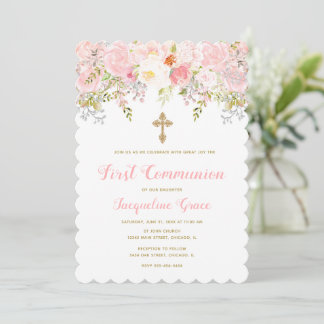 Invitation de communion rose et or floral