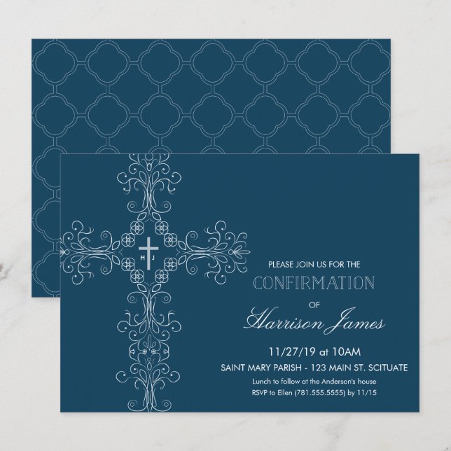 Invitation de confirmation avec croix, Monogramme (Devant / Derrière)