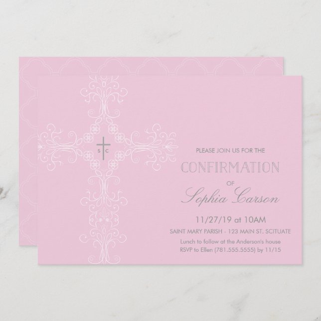 Invitation de confirmation de fille avec Croix élé (Devant / Derrière)