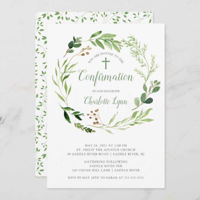 Invitation de confirmation de la feuille verte sou (Devant / Derrière)