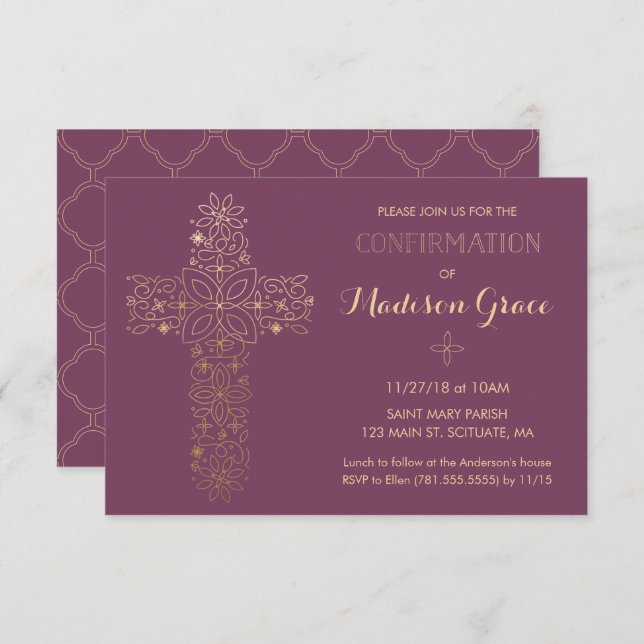Invitation de confirmation de la fille avec Croix  (Devant / Derrière)