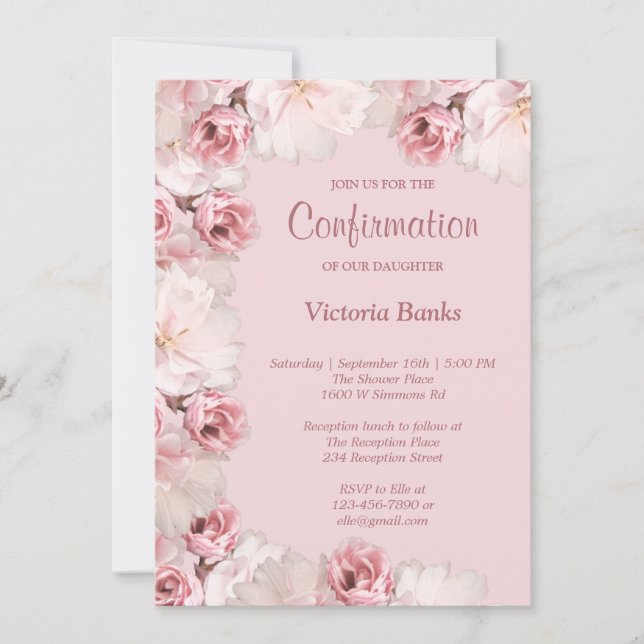 Invitation de confirmation de roses roses/blanches (Devant)