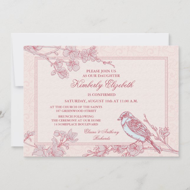 Invitation de confirmation d'oiseaux en fleurs de  (Devant)