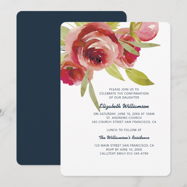 Invitation de confirmation florale d'aquarelle mod (Devant / Derrière)