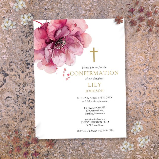 Invitation de confirmation florale rose aquarelle (Watercolor Pink Floral Confirmation Invitation Postcard)