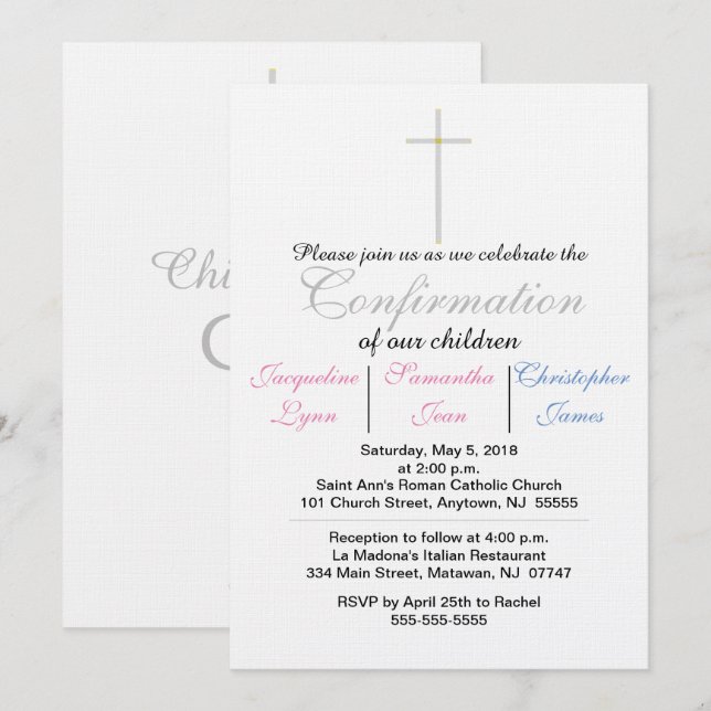 Invitation de Confirmation Rose Bleu Triplés (Devant / Derrière)