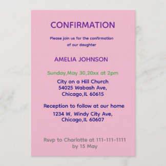Invitation de confirmation rose et violet