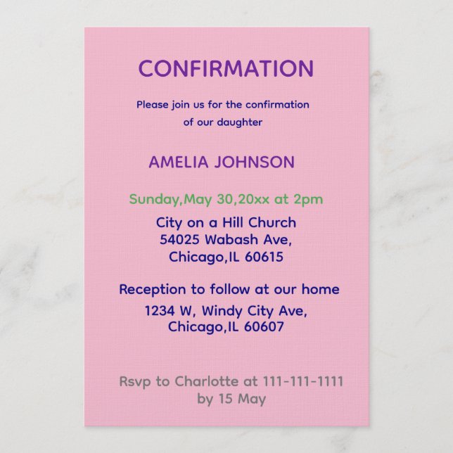 Invitation de confirmation rose et violet (Devant)