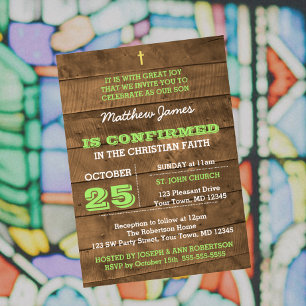 Invitation de confirmation verte en bois d'écorce