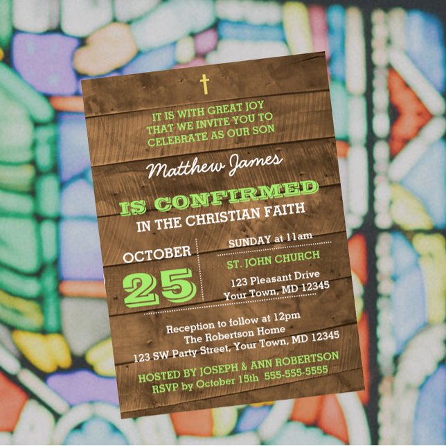 Invitation de confirmation verte en bois d'écorce (Créateur téléchargé)