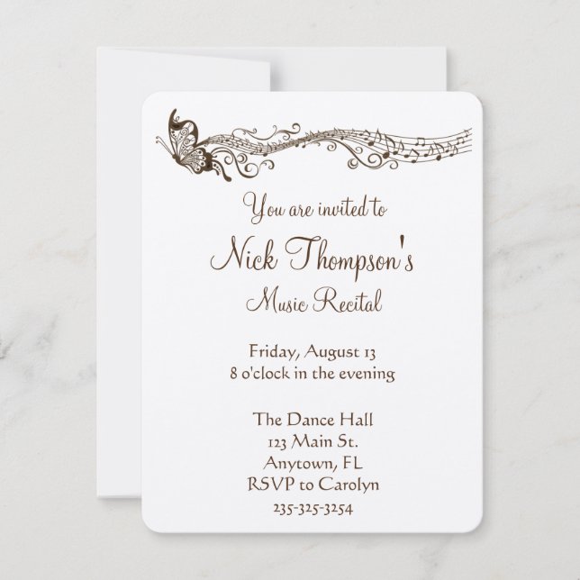 Invitation de considérant de musique de papillon (Devant)