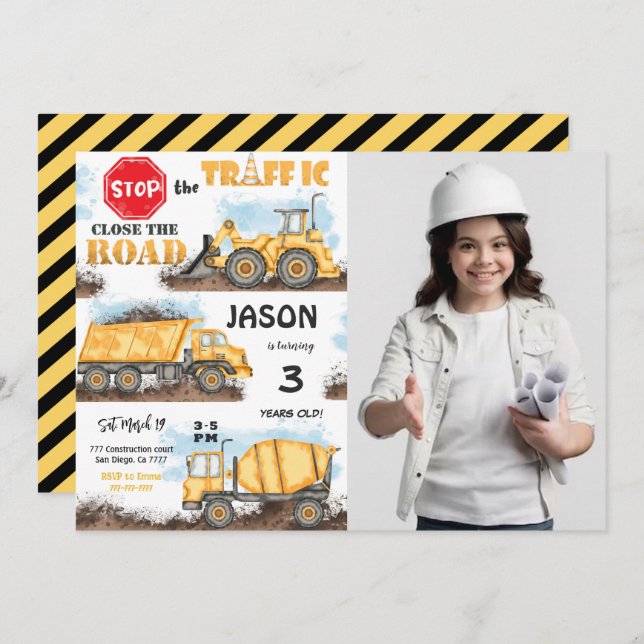 Invitation de construction jaune et noir avec phot (Devant / Derrière)